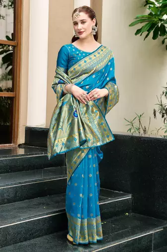 Blue silk blend woven zari ceremonial saree