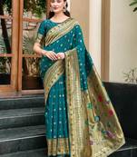 Deep teal color beautiful silk blended woven zari ceremonial saree