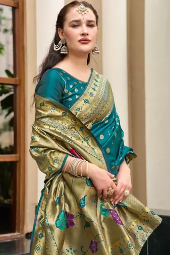 Deep teal silk blend woven zari ceremonial saree