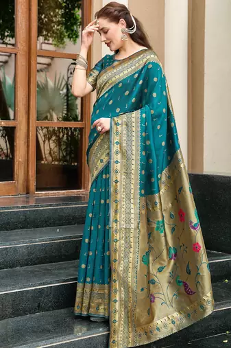 Deep teal silk blend woven zari ceremonial saree