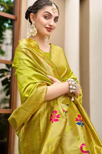 green silk blend woven zari ceremonial saree