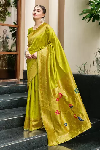 green silk blend woven zari ceremonial saree