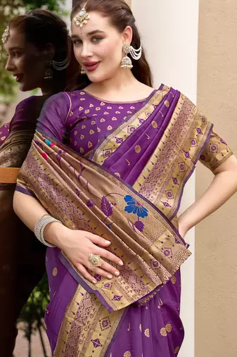 Purple silk blend woven zari ceremonial saree
