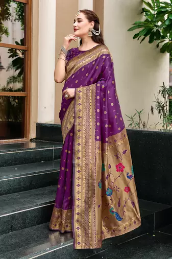 Purple silk blend woven zari ceremonial saree