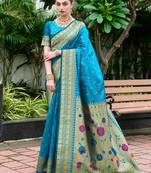 Sky blue color beautiful silk blended woven zari designer ceremonial saree