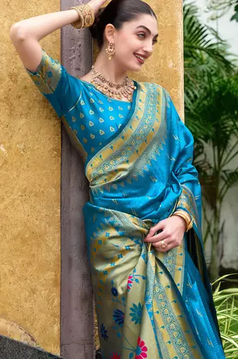 Sky blue silk blend woven zari ceremonial saree
