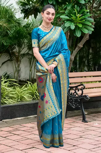Sky blue silk blend woven zari ceremonial saree