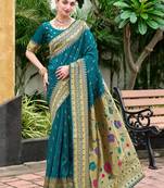 Deep teal color beautiful silk blended woven zari designer ceremonial saree