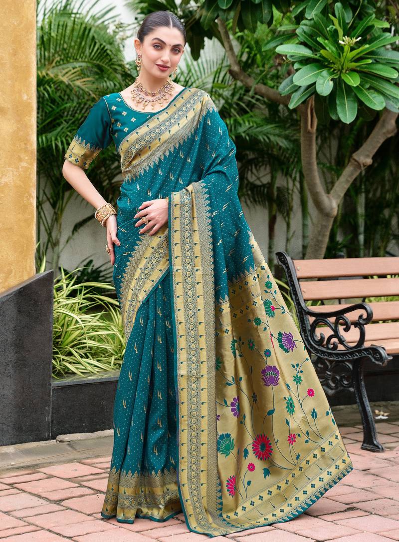 Deep teal color beautiful silk blended woven zari designer ceremonial saree