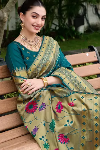 Deep teal silk blend woven zari ceremonial saree
