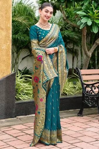 Deep teal silk blend woven zari ceremonial saree