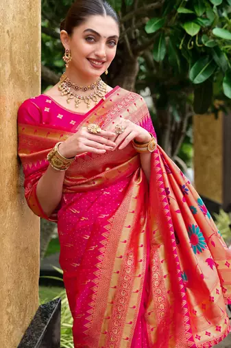 Hot pink silk blend woven zari ceremonial saree