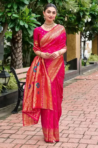 Hot pink silk blend woven zari ceremonial saree