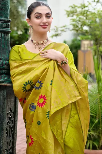 Parrot silk blend woven zari ceremonial saree