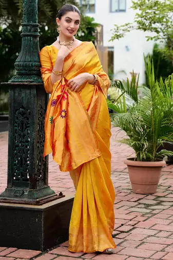 Orange silk blend woven zari ceremonial saree