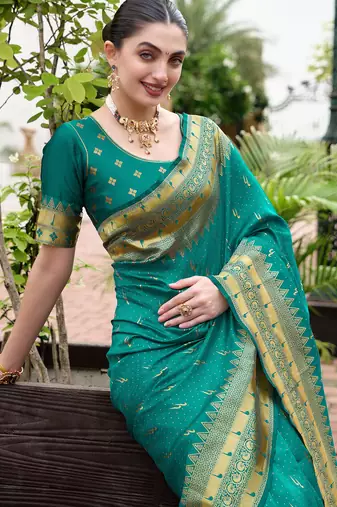 Green silk blend woven zari ceremonial saree