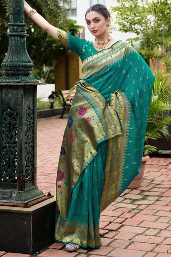 Green silk blend woven zari ceremonial saree