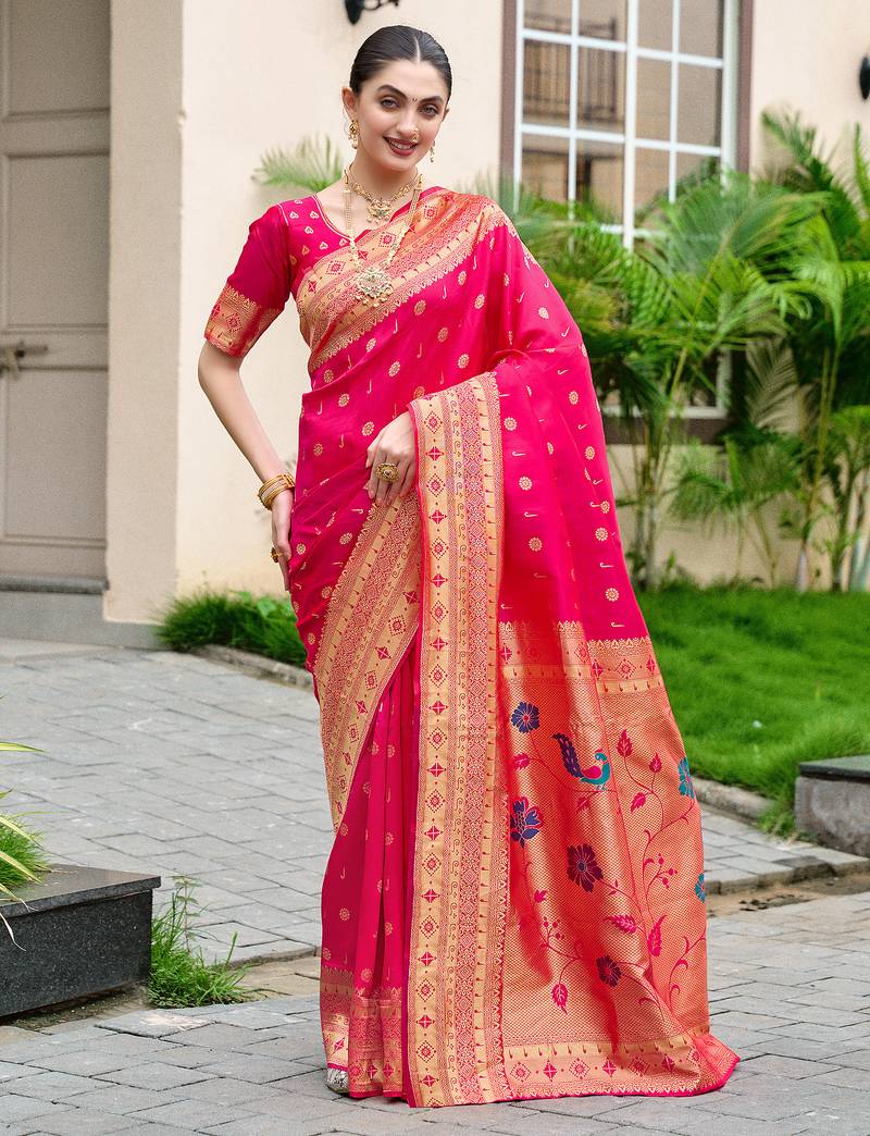 Hot pink color beautiful silk blended woven zari designer ceremonial saree