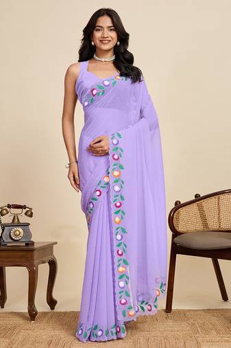 Purple color georgette fabric beautiful swarovski beads designer saree