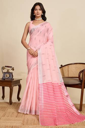 Pink color linen fabric beautiful woven designer ethnic casual saree