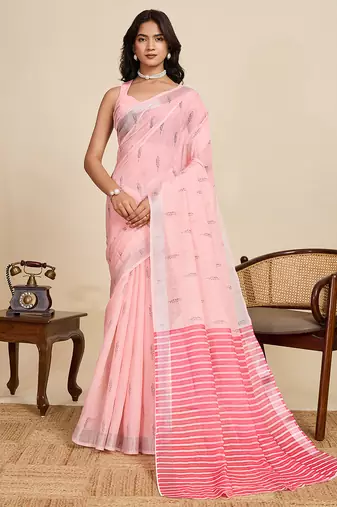 Pink color linen fabric beautiful woven designer ethnic casual saree