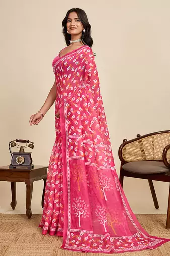 Pink linen woven ethnic casual saree