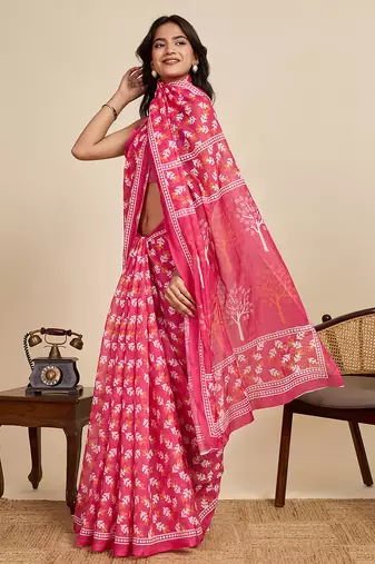 Pink linen woven ethnic casual saree