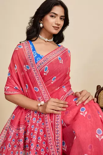 Red linen woven ethnic casual saree