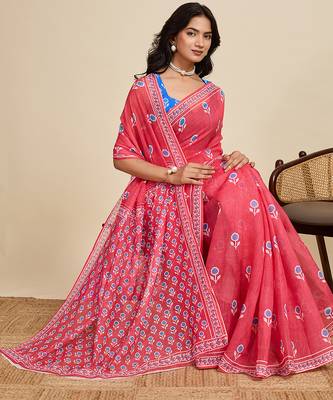 Red linen woven ethnic casual saree 5