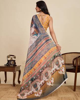 Off white linen woven ethnic casual saree 2
