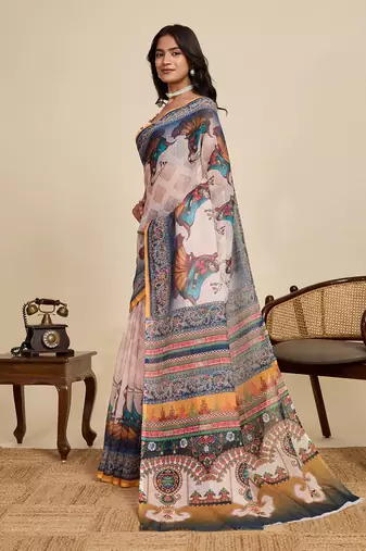 Off white linen woven ethnic casual saree