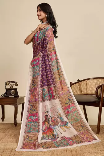 Purple linen printed ceremonial saree