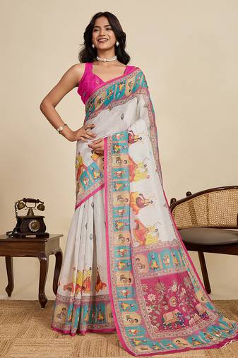 Off white color linen fabric beautiful printed ceremonial saree