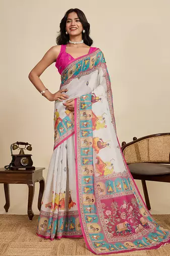 Off white color linen fabric beautiful printed ceremonial saree