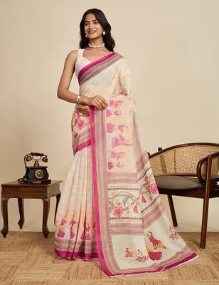 Cream linen printed ceremonial saree 1