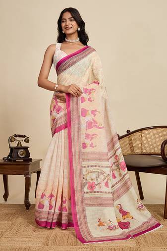 Cream color linen fabric beautiful printed ceremonial saree
