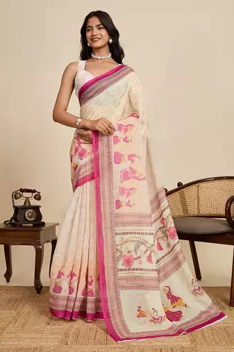 Cream color linen fabric beautiful printed ceremonial saree
