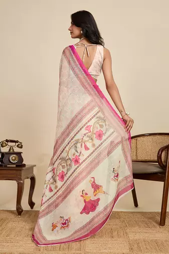 Cream linen printed ceremonial saree