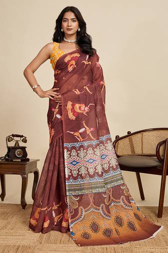 Brown color linen fabric beautiful printed ceremonial saree
