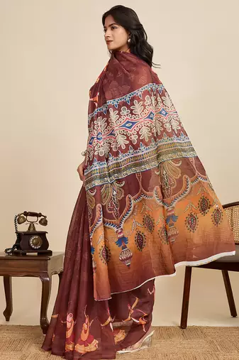 Brown linen printed ceremonial saree