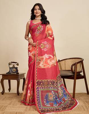 Maroon linen printed ceremonial saree 1