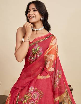 Maroon linen printed ceremonial saree 3