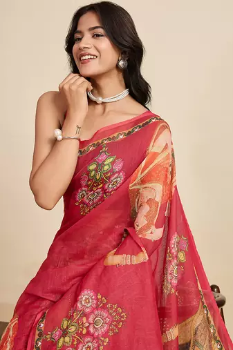 Maroon linen printed ceremonial saree