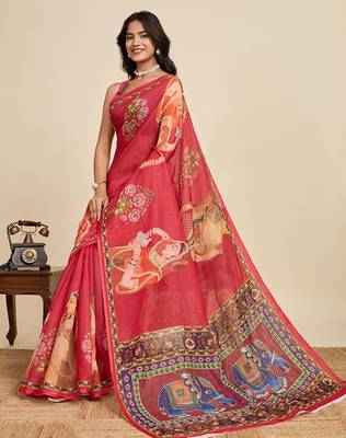 Maroon linen printed ceremonial saree 5