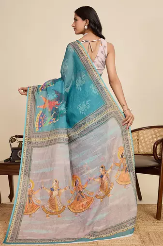 Blue linen printed ceremonial saree