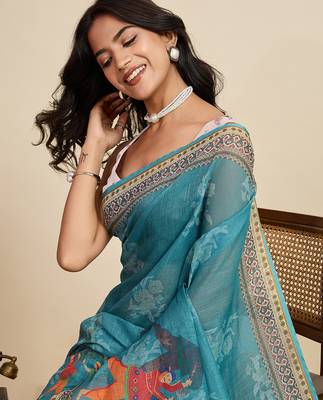 Blue linen printed ceremonial saree 3