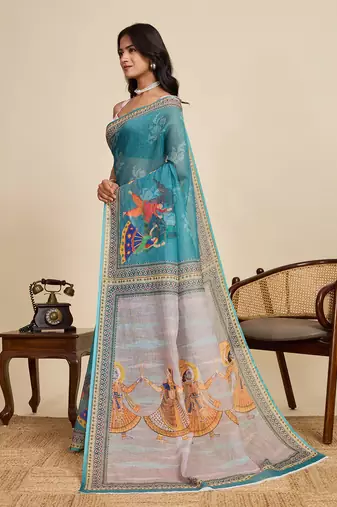 Blue linen printed ceremonial saree