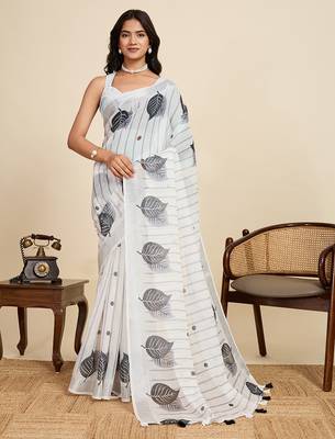 Off white linen printed ceremonial saree 1
