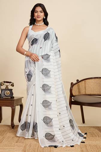 Off white color linen fabric beautiful printed ceremonial saree