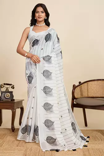 Off white color linen fabric beautiful printed ceremonial saree